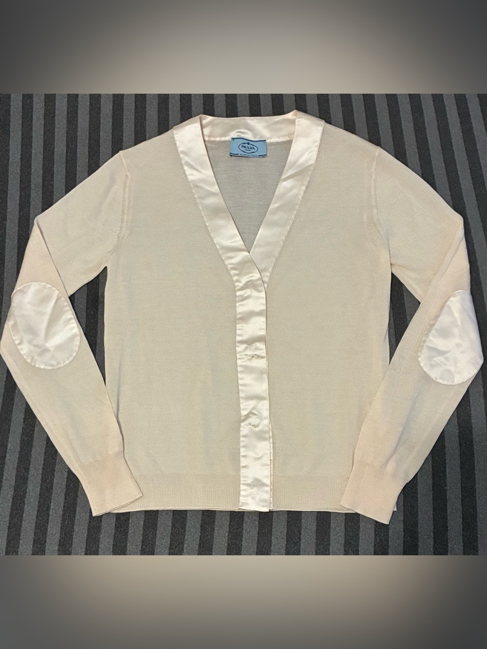 Rare!! Prada Women's Ivory Satin-Trim V-Neck Cardigan Size S